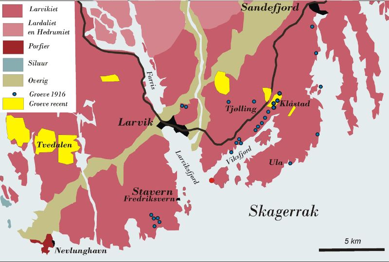 kaart Larvik Noorwegen groeven larvikiet